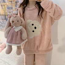 에잇티즈 힙앤 이지 사랑스러운 선물 홈웨어 보들 포근 따뜻한 곰돌이 뽀글 자수 베어 플리스퍼 후끈 수면 패션 트레이닝 상하의 세트