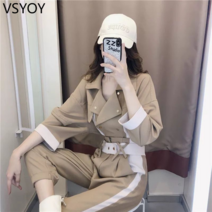 vsyoy 유명한 숙녀 스타일의 전문 작업복 여성 2023 봄과 가을 새로운 왕실 언니 빛 익은 바람 기질 2 피스 외국 조류에 적합합니다.