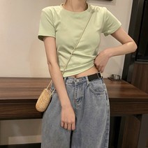 여름 쇼트 솔리드 상의 슬림 크롭 티셔츠