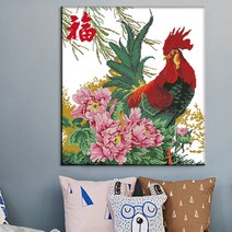목단꽃 수탉 출세 성공 금전 명예 보석십자수 DIY 모란꽃 닭그림 전체 비즈 큐빅, 80x80cm