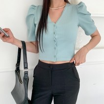 옷자락 [옷자락] 여자 여름 브이넥 퍼프소매 짧은 가디건