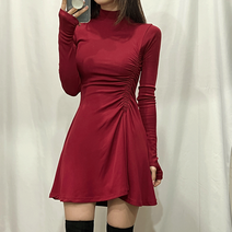 [기모안감] 로지 셔링 슬림핏 반폴라 반목 긴팔 핸드 워머 플레어 미니 원피스 (3 color)