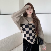 짧은 스웨터 니트 블라우스 투피스 정장 여성 초가을 패션 인터넷 유명인 튀김 거리 격자 무늬 캐미솔 정장