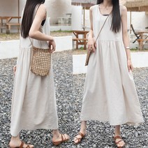 하늘바라기 여성용 비노 린넨 셔링 롱 나시 원피스