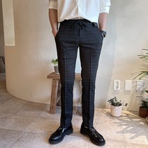 진땡 남성용 2컬러 허리밴드 슬림핏 체크 슬랙스