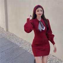 안나리야 꽈배기 케이블 빅 카라 타이 미니 니트 원피스 SY