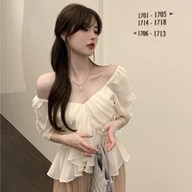 셔츠 선미 칼라 오프숄더 프랑스식 여름 셔링블라우스