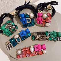 헤어끈 고퀄의 보석장식 곰돌이 포인트 헤어로프와 앞머리포인트핀 3컬러 팔찌머리끈 헤어핀