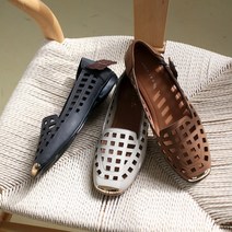 런슈즈 고급스런 앞코 골드 사각 펀칭 리얼 소가죽 플랫 슈즈 1.5cm