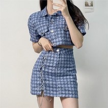 셀러허브 패션 [크로스컴퍼니]퍼피 하운드 체크 투피스 반팔 자켓 스커트