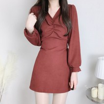 브이넥 퍼프 긴팔 셔링 허리끈 리본 플레어 스웨이드 원피스