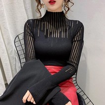 여성 딱붙는 니트 년 새로운 레이스 스켈레톤 슬림 스웨터 가을겨울 룩 타이트한 이너 긴소매 패션 긴팔