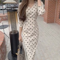 브이넥 땡땡이 코듀 리본 숄더 겨울 핀탁 롱원피스 가을 퍼프 도트