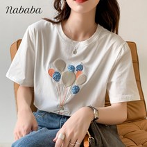 나바바 NT261 여성 러블리 캐릭터 자수 라운드넥 반팔 티셔츠