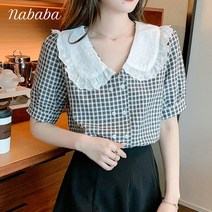 나바바 NB780 여성 퍼프 체크 프릴 빅카라 블라우스