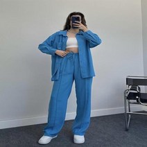 드라이슈트 웻슈트 단색 긴팔 턴다운 칼라 하이웨이스트 와이드 레그 캐주얼 바지 여성 2 종 2023 가을, 12.파란 - M
