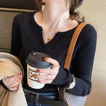 감성갤러리 신축성 좋은 브이넥 골지 슬림핏 여성 긴팔 티셔츠 데일리룩 여친룩 하객룩 S-C008