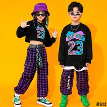 콩달샵 주니어 여아 숫자로고크롭티+체크스웩팬츠 초등학생옷 재즈댄스복 방송댄스복 공연의상 [W164]