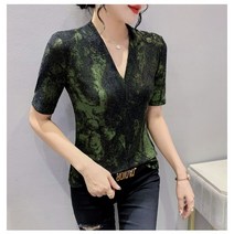미미투 BT1823 여성 그린펄쫄티 브이넥 타이트핏 여름반팔 블라우스