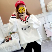 kirahosi 여성 빅사이즈 브이넥 맨투맨 루즈핏 티셔츠 스웨터 Wojmxc+덧신 증정