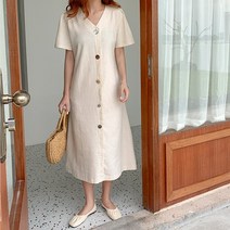 먼데이홀릭 린넨 브이넥 자개단추 A라인 반팔 원피스