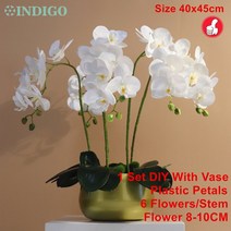 화병 도자기 유리 돌 흰색 나방 난초 DIY 꽃꽂이 (5PCS 4PCS 이끼 잎 + 냄비) 나비 꽃 장식 중심 인디고, 15 1 SET DIY