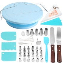 케이크 스탠드 턴테이블 회전 기본 케이크 플라스틱 반죽 칼 장식 10 인치 크림 케이크 스탠드 세트 케이크 로타리 턴테이블 도구, 43pcs-블루