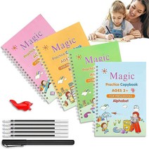 SASIGAYA Magic Practice Copybook 손글씨 연습 재사용 가능한 쓰기 책 유치원용 매직 카피북 글자 트레이싱 북 (4PC+펜), Set-b-4pc