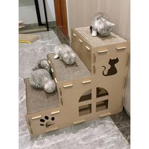 공간박스캣타워 골판지 DIY 캣 하우스 고양이집 선반형 켓타워, 목재 업그레이드 3 층 고양이 모래