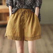 여성 면 마 반바지 와이드 캐주얼 5부팬츠 허리밴딩 빈티지 SFW0307030