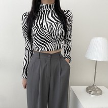 VANANA2 여성 레오파드 호피 지브라 패턴 반목 슬림 쫀쫀 크롭 탑