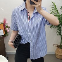 제이후 루즈핏 줄무늬 카라 반팔 남방 오피스룩 여성 스트라이프 셔츠