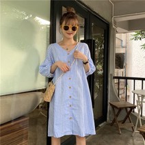 가바바 여성 브이넥 체크 포인트 파스텔톤 데일리 미디 원피스 G38274