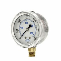 액체 충전 하단 마운트 압력 게이지 6.4cm(2.5인치) 다이얼 03000 PSI 0.6cm(1/4인치) 수 NPT 연결 스테인리스 스틸 케이스 및 베젤 (1) 58880, 1