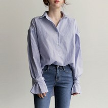 골지셔츠 0가을 블루 여성 하프기장 긴 소매 와이드 루즈핏 와이셔츠 커프스 상의 531165675