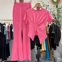 새로운 분할 캐주얼 플레어 바지 새로운 슬림 짧은 티셔츠 투피스 스포츠 정장 여성 여성 투피스 정장