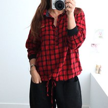 여성 가을 체크 면 루즈핏 카라 미시 예쁜 반오픈 남방 셔츠 블라우스