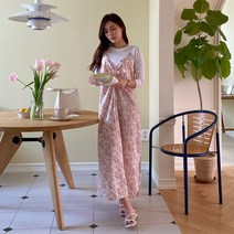 23SS 여성 플라워 패턴 스트링 끈나시 롱 원피스 꽃무늬 페미닌 밑단 트임 긴치마