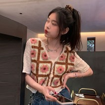 복고풍 브이넥 아이보리 꽃 자수 손 뜨개 그물 니트 볼레로 캐주얼 슬림 숏 가디건 SH
