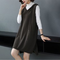 besteffie 봄 가을 롱 후드 니트 조끼 베스트 민소매 무지 옆트임 빅사이즈 조끼원피스 상의 중년여성 A99