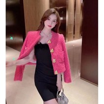 세련된 로즈 레드 트위드 가을 겨울 재킷 및 코트 여성용 럭셔리 패션 골든 하트 버튼 두꺼운 모직 짧은 외투 봄 디자이너 상품