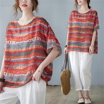 weihan 여성 빅사이즈 면 린넨 반팔 블라우스 루즈핏 엄마옷 개주얼