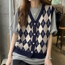 프리티글라라 아가일 여성 베스트 간절기 단추 니트 조끼 vs-22 (S8766246), 브라운, free