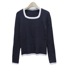 민트위니 여성용 배색 스퀘어넥 니트 스웨터 골지 긴팔 기본 슬림