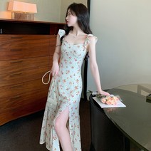 에스닉 빈티지 플라워 원피스 여 여름 로맨틱 포근한 조임 나시 롱 스커트