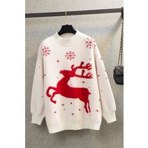 여성 크리스마스 니트 스웨터 반목티 라운드 루즈핏 엘크 사슴