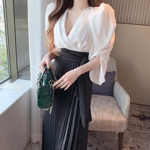 [레티고] 여성 브이넥 배색 셔츠 롱 원피스