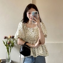 쉬폰 스퀘어넥 가슴 셔링 스모크 A라인 크롭 블라우스 퍼프 여름 반팔 카라없는 SY