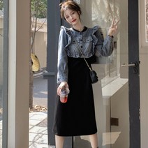 랑듀레 배색 카라 데님 러플 레이어드 긴팔 유니크 원피스