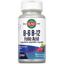 KAL 비타민 B6 B12 엽산 비타민 B12 메틸 코발라민 엽산 베리맛 60 마이크로정, 1팩
